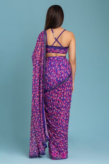 Shop Raasa Purple Georgette, Crepe Embroidery, Cut Pre-draped Saree With Cross-back Blouse at Aza Fashions Shop_Raasa_Purple Georgette, Crepe Embroidery, Cut Pre-draped Saree With Cross-back Blouse _at_Aza_Fashions