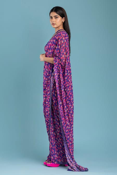 Raasa Purple Georgette, Crepe Embroidery, Cut Pre-draped Saree With Cross-back Blouse Online at Aza Fashions Raasa_Purple Georgette, Crepe Embroidery, Cut Pre-draped Saree With Cross-back Blouse _Online_at_Aza_Fashions