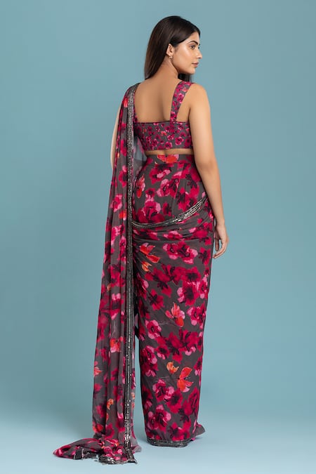 Shop Raasa Grey Georgette, Crepe Square Dancing Dynamo Pre-draped Printed Saree With Blouse at Aza Fashions Shop_Raasa_Grey Georgette, Crepe Square Dancing Dynamo Pre-draped Printed Saree With Blouse _at_Aza_Fashions