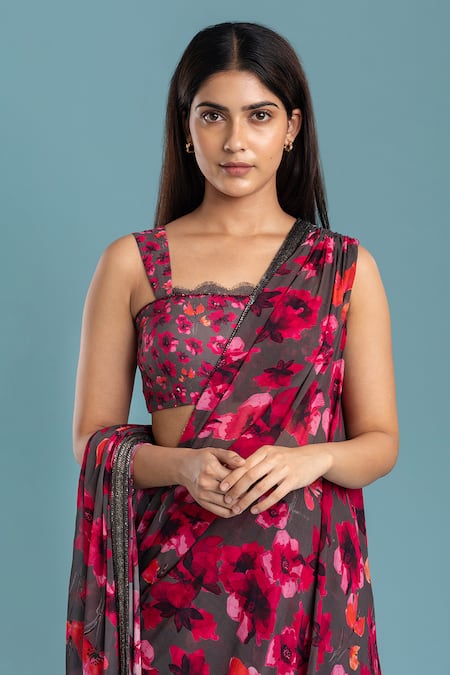 Raasa Grey Georgette, Crepe Square Dancing Dynamo Pre-draped Printed Saree With Blouse Online at Aza Fashions Raasa_Grey Georgette, Crepe Square Dancing Dynamo Pre-draped Printed Saree With Blouse _Online_at_Aza_Fashions