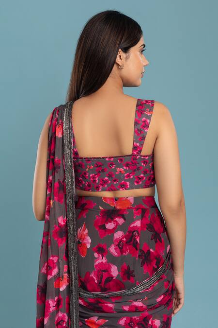 Shop Raasa Grey Georgette, Crepe Square Dancing Dynamo Pre-draped Printed Saree With Blouse Online at Aza Fashions Shop_Raasa_Grey Georgette, Crepe Square Dancing Dynamo Pre-draped Printed Saree With Blouse _Online_at_Aza_Fashions