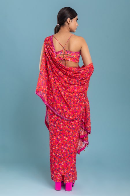 Raasa Joyful Daisy Floral Print Pre-Draped Saree With Blouse 