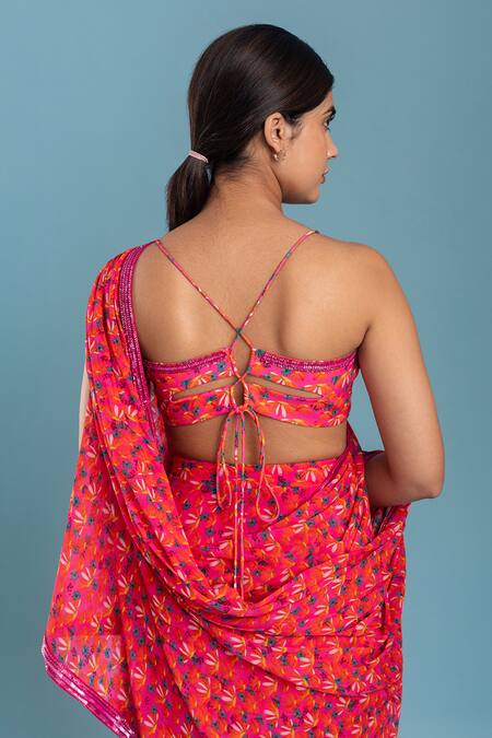 Shop Raasa Pink Georgette, Crepe, Joyful Daisy Floral Print Pre-draped Saree With Blouse Online at Aza Fashions Shop_Raasa_Pink Georgette, Crepe, Joyful Daisy Floral Print Pre-draped Saree With Blouse _Online_at_Aza_Fashions