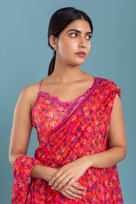 Raasa Pink Georgette, Crepe, Joyful Daisy Floral Print Pre-draped Saree With Blouse at Aza Fashions Raasa_Pink Georgette, Crepe, Joyful Daisy Floral Print Pre-draped Saree With Blouse _at_Aza_Fashions