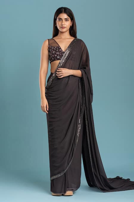 Plain Georgette Saree in Shaded Grey and Black : SPF6078