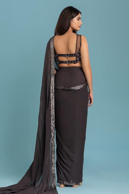 Shop Raasa Grey Georgette, Crepe Embroidery V-neck Border Pre-draped Saree With Blouse at Aza Fashions Shop_Raasa_Grey Georgette, Crepe Embroidery V-neck Border Pre-draped Saree With Blouse _at_Aza_Fashions