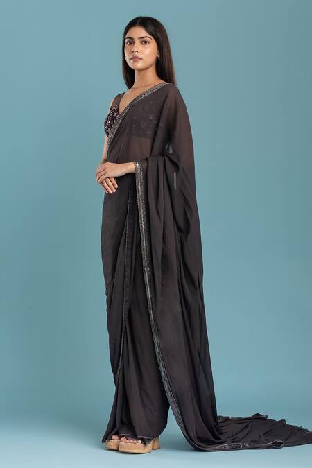 Raasa Grey Georgette, Crepe Embroidery V-neck Border Pre-draped Saree With Blouse Online at Aza Fashions Raasa_Grey Georgette, Crepe Embroidery V-neck Border Pre-draped Saree With Blouse _Online_at_Aza_Fashions