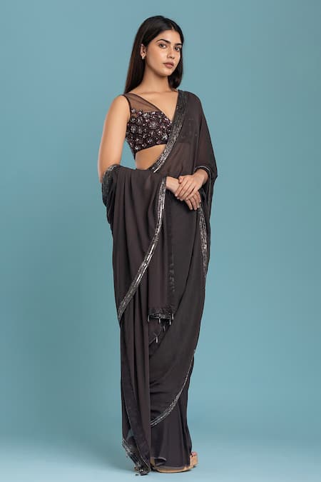 Buy Raasa Grey Georgette, Crepe Embroidery V-neck Border Pre-draped Saree With Blouse Online at Aza Fashions Buy_Raasa_Grey Georgette, Crepe Embroidery V-neck Border Pre-draped Saree With Blouse _Online_at_Aza_Fashions