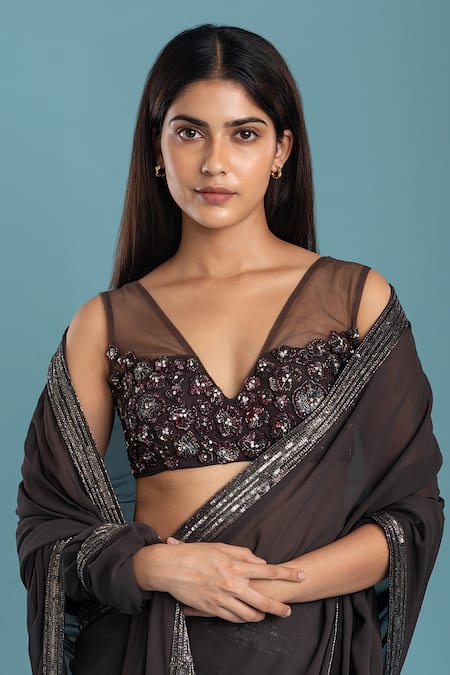 Shop Raasa Grey Georgette, Crepe Embroidery V-neck Border Pre-draped Saree With Blouse Online at Aza Fashions Shop_Raasa_Grey Georgette, Crepe Embroidery V-neck Border Pre-draped Saree With Blouse _Online_at_Aza_Fashions