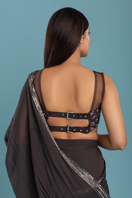 Raasa Grey Georgette, Crepe Embroidery V-neck Border Pre-draped Saree With Blouse at Aza Fashions Raasa_Grey Georgette, Crepe Embroidery V-neck Border Pre-draped Saree With Blouse _at_Aza_Fashions