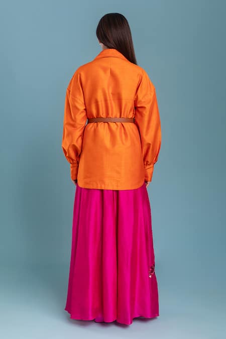 Shop_Raasa_Orange Silk, Organza Embroidery Shawl Neck Buttoned Shacket And Skirt Set _at_Aza_Fashions