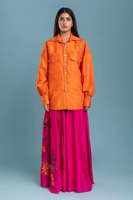 Raasa_Orange Silk, Organza Embroidery Shawl Neck Buttoned Shacket And Skirt Set _Online_at_Aza_Fashions