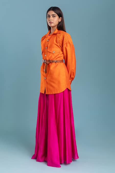 Buy_Raasa_Orange Silk, Organza Embroidery Shawl Neck Buttoned Shacket And Skirt Set _Online_at_Aza_Fashions