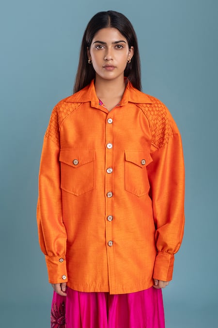 Shop_Raasa_Orange Silk, Organza Embroidery Shawl Neck Buttoned Shacket And Skirt Set _Online_at_Aza_Fashions