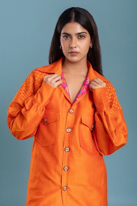 Raasa_Orange Silk, Organza Embroidery Shawl Neck Buttoned Shacket And Skirt Set _at_Aza_Fashions