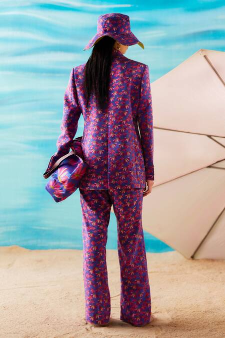 Shop Raasa Purple Crepe Embroidery Shawl Neck Chiquitita Floral Print Jacket And Pant Set at Aza Fashions Shop_Raasa_Purple Crepe Embroidery Shawl Neck Chiquitita Floral Print Jacket And Pant Set _at_Aza_Fashions