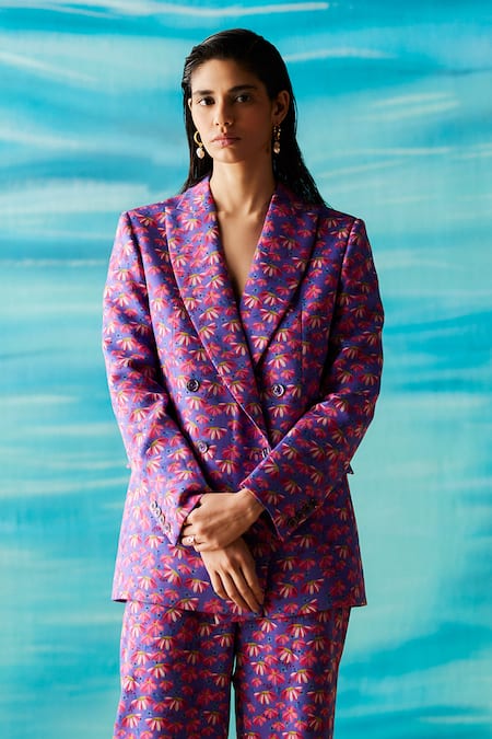 Raasa Purple Crepe Embroidery Shawl Neck Chiquitita Floral Print Jacket And Pant Set Online at Aza Fashions Raasa_Purple Crepe Embroidery Shawl Neck Chiquitita Floral Print Jacket And Pant Set _Online_at_Aza_Fashions