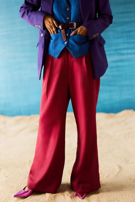 Raasa_Purple Crepe Embroidery V-neck Donna Color Block Blazer Pant Set _Online_at_Aza_Fashions