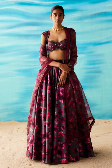 Raasa Grey Silk Printed Floral Sweetheart Neck Dancing Dynamo Lehenga Set 