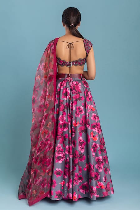 Shop_Raasa_Grey Silk Printed Floral Sweetheart Neck Dancing Dynamo Lehenga Set _at_Aza_Fashions