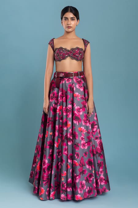 Raasa_Grey Silk Printed Floral Sweetheart Neck Dancing Dynamo Lehenga Set _Online_at_Aza_Fashions