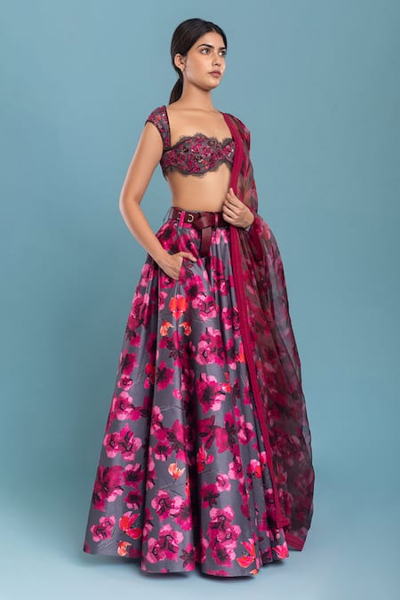 Buy_Raasa_Grey Silk Printed Floral Sweetheart Neck Dancing Dynamo Lehenga Set _Online_at_Aza_Fashions