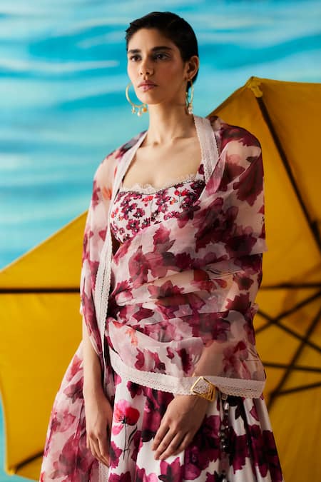 Shop Raasa Ivory Crepe Embroidery Sweetheart Neck Hibiscus Floral Print Lehenga Set at Aza Fashions Shop_Raasa_Ivory Crepe Embroidery Sweetheart Neck Hibiscus Floral Print Lehenga Set _at_Aza_Fashions
