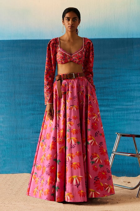 Raasa Pink Silk Printed Floral Leaf Neck Joyful Daisy Lehenga Set  