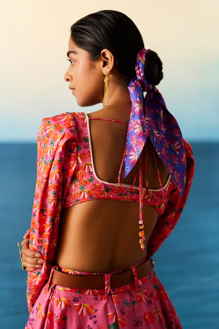 Raasa_Pink Silk Printed Floral Leaf Neck Joyful Daisy Lehenga Set  _Online_at_Aza_Fashions