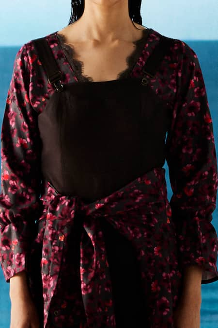 Raasa Grey Crepe Embroidery V-neck Dancing Dynamo Dugaree Jumpsuit With Shirt Online at Aza Fashions Raasa_Grey Crepe Embroidery V-neck Dancing Dynamo Dugaree Jumpsuit With Shirt _Online_at_Aza_Fashions