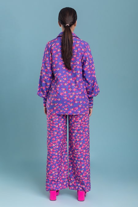 Shop Raasa Purple Organza, Georgette Shawl Neck Chiquitita Floral Print Shirt And Pant Set at Aza Fashions Shop_Raasa_Purple Organza, Georgette Shawl Neck Chiquitita Floral Print Shirt And Pant Set _at_Aza_Fashions
