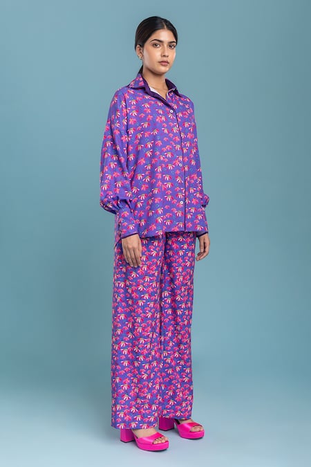 Shop Raasa Purple Organza, Georgette Shawl Neck Chiquitita Floral Print Shirt And Pant Set Online at Aza Fashions Shop_Raasa_Purple Organza, Georgette Shawl Neck Chiquitita Floral Print Shirt And Pant Set _Online_at_Aza_Fashions