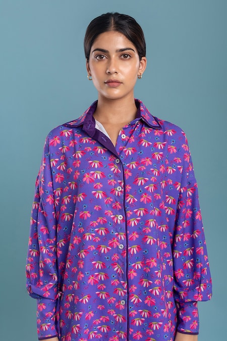 Raasa Purple Organza, Georgette Shawl Neck Chiquitita Floral Print Shirt And Pant Set at Aza Fashions Raasa_Purple Organza, Georgette Shawl Neck Chiquitita Floral Print Shirt And Pant Set _at_Aza_Fashions