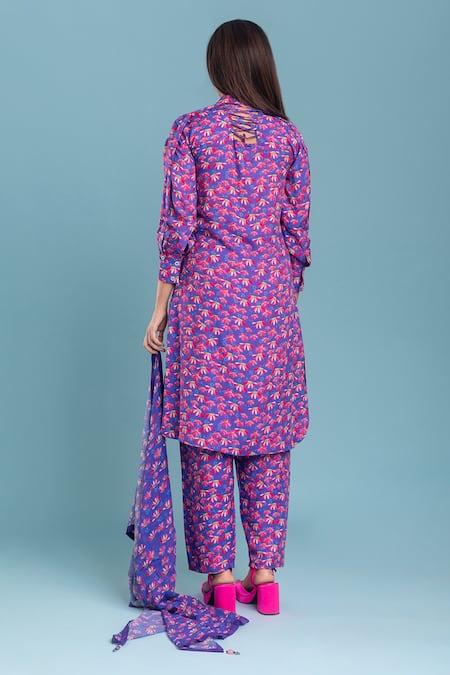 Shop_Raasa_Purple Crepe Printed Floral Mandarin Chiquitita Kurta Pant Set  _at_Aza_Fashions