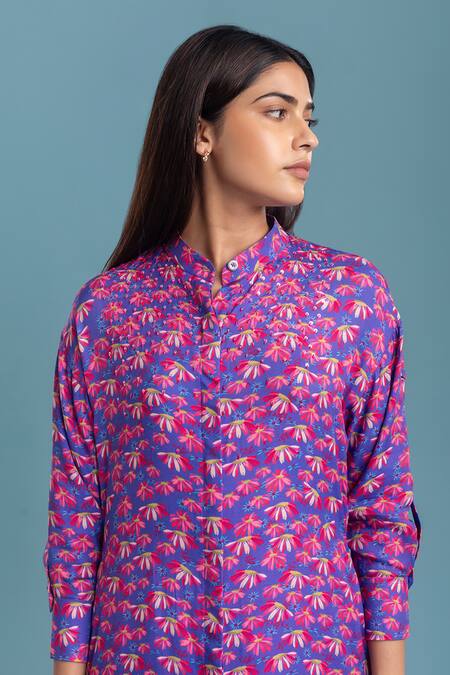 Raasa_Purple Crepe Printed Floral Mandarin Chiquitita Kurta Pant Set  _at_Aza_Fashions