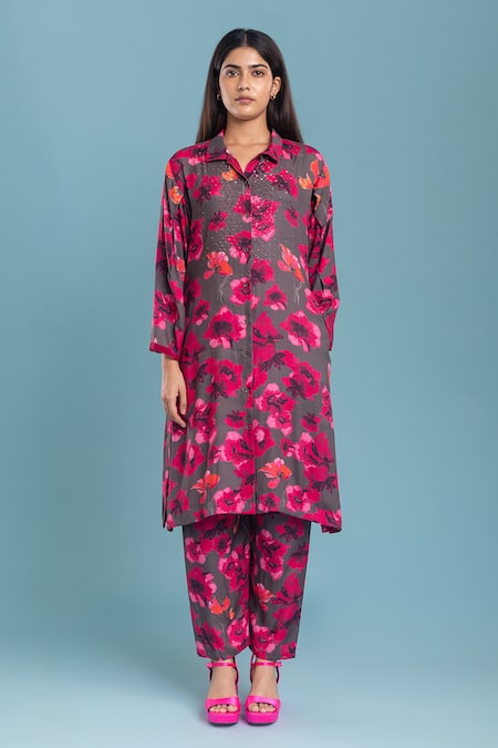 Raasa_Grey Net Printed Floral Shirt Dancing Dynamo Kurta Pant Set  _Online_at_Aza_Fashions