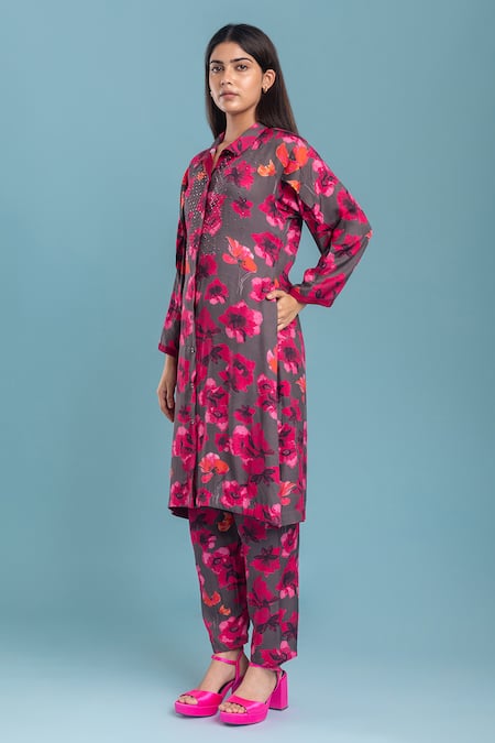 Shop_Raasa_Grey Net Printed Floral Shirt Dancing Dynamo Kurta Pant Set  _Online_at_Aza_Fashions