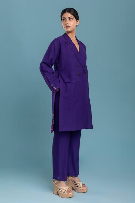 Buy_Raasa_Purple Crepe Lapel Collar Blazer Kurta Pant Set  _Online_at_Aza_Fashions