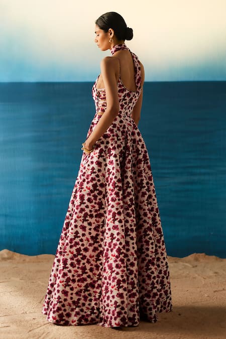 Shop Raasa Ivory Crepe, Chiffon Embroidery Hibiscus Floral Print Anarkali With Dupatta at Aza Fashions Shop_Raasa_Ivory Crepe, Chiffon Embroidery Hibiscus Floral Print Anarkali With Dupatta _at_Aza_Fashions