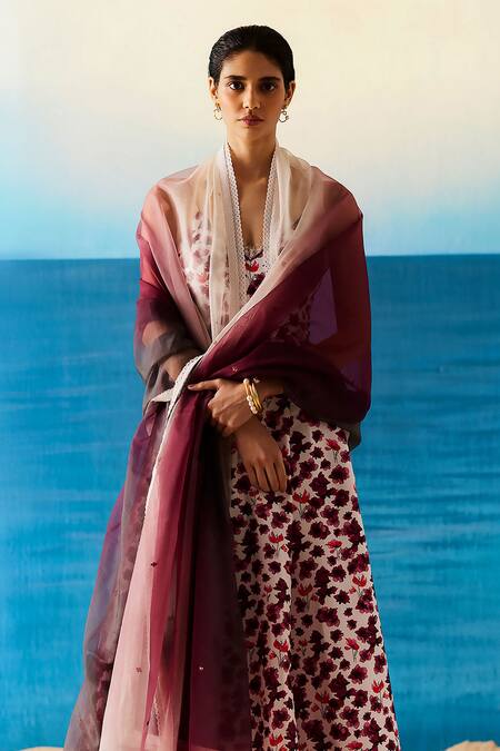 Buy Raasa Ivory Crepe, Chiffon Embroidery Hibiscus Floral Print Anarkali With Dupatta Online at Aza Fashions Buy_Raasa_Ivory Crepe, Chiffon Embroidery Hibiscus Floral Print Anarkali With Dupatta _Online_at_Aza_Fashions