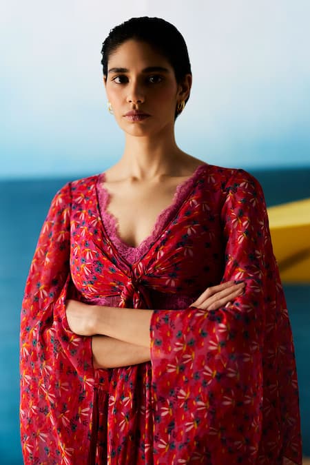 Shop_Raasa_Pink Crepe Lace V-neck Joyful Daisy Knotted Top And Sharara Set _at_Aza_Fashions