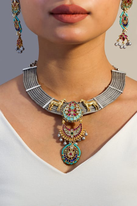 Zevar King Multi Color Carved Work Vintage Kundan Necklace Set 