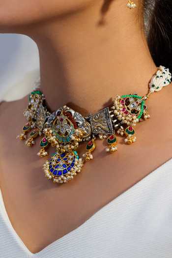 Zevar King Multi Color Pearls, Diamonds Vintage Carved Work Kundan Necklace Set Online at Aza Fashions Zevar King_Multi Color Pearls, Diamonds Vintage Carved Work Kundan Necklace Set _Online_at_Aza_Fashions