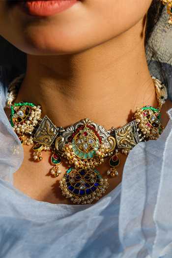 Buy Zevar King Multi Color Pearls, Diamonds Vintage Carved Work Kundan Necklace Set Online at Aza Fashions Buy_Zevar King_Multi Color Pearls, Diamonds Vintage Carved Work Kundan Necklace Set _Online_at_Aza_Fashions