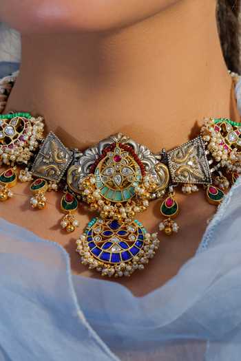 Shop Zevar King Multi Color Pearls, Diamonds Vintage Carved Work Kundan Necklace Set Online at Aza Fashions Shop_Zevar King_Multi Color Pearls, Diamonds Vintage Carved Work Kundan Necklace Set _Online_at_Aza_Fashions