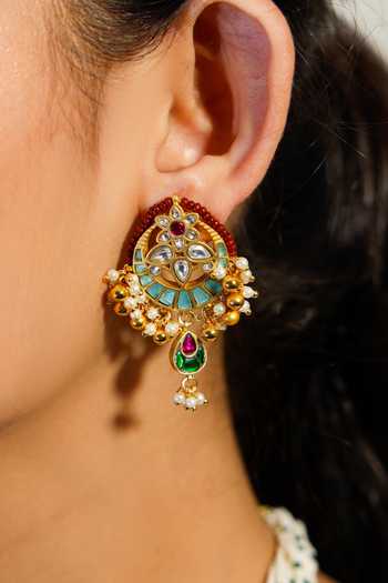 Zevar King Multi Color Pearls, Diamonds Vintage Carved Work Kundan Necklace Set at Aza Fashions Zevar King_Multi Color Pearls, Diamonds Vintage Carved Work Kundan Necklace Set _at_Aza_Fashions