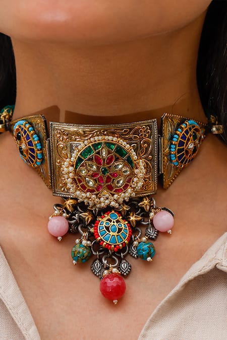 Shop Zevar King Multi Color Beads Dual Toned Carved Work Choker Set at Aza Fashions Shop_Zevar King_Multi Color Beads Dual Toned Carved Work Choker Set _at_Aza_Fashions