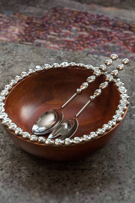 Elm & Oak Silver Stainless Steel Head And Aluminium Handle Pebble Salad Server Set Of 2