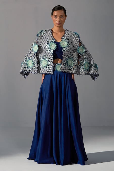 Koashee by Shubitaa Blue Silk Embroidered Cutwork Jacket Open Palazzo Set