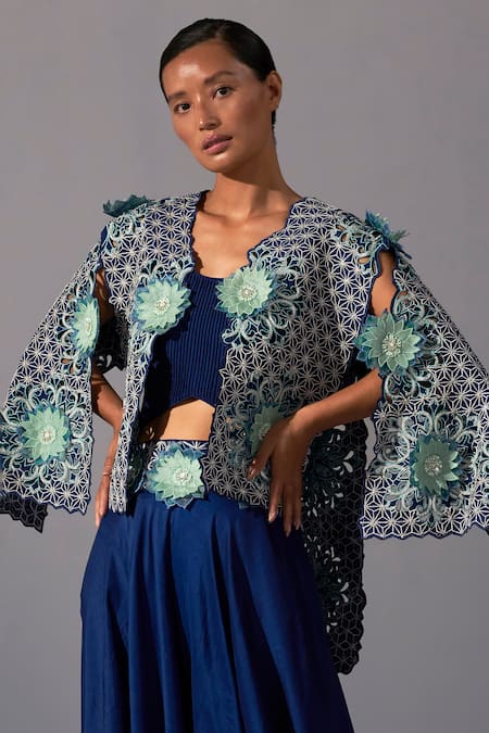 Koashee By Shubitaa Indigo Blue Cutwork Jacket Palazzo Set 